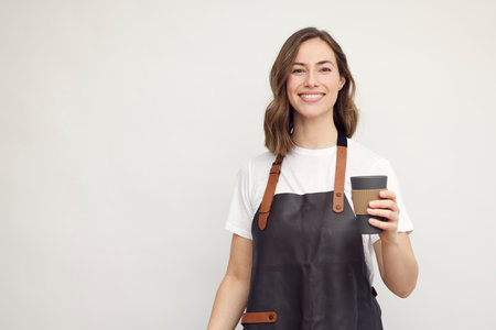 Portrait of beautiful young barista woman looking in camera and smiling, while holding a to-go coffee in hand. Isolated on white background.の写真素材