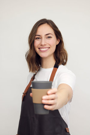 Portrait of beautiful young barista woman looking in camera and smiling, while holding a to-go...