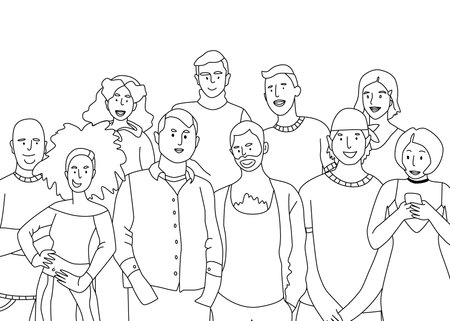 A multicultural group of women and men on a white background. Doodle cartoon vector illustration....