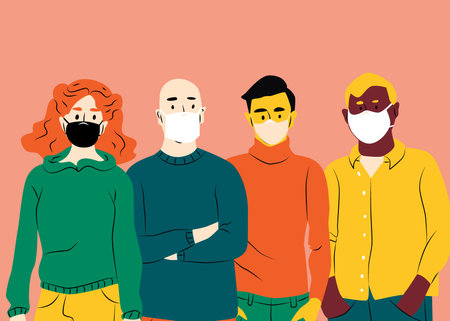 Multicultural group of people in masks. Men and woman prevent disease, flu, air pollution,...