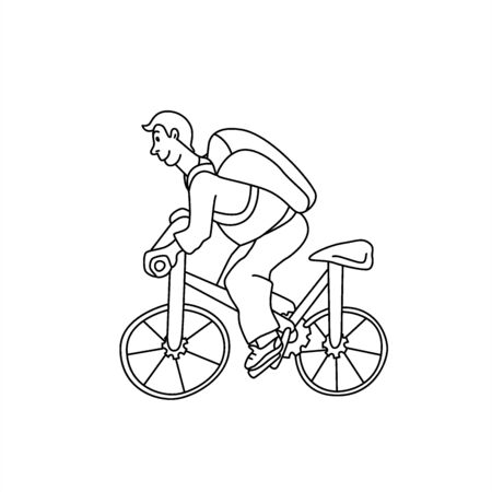 Bicycle delivery logistics courier. Bike guy in doodle style. Isolated vector line illustration on white background.のイラスト素材