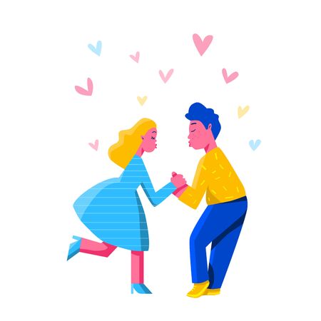 Cartoon man and woman characters standing and holding hands each other. Couple in love kissing.のイラスト素材