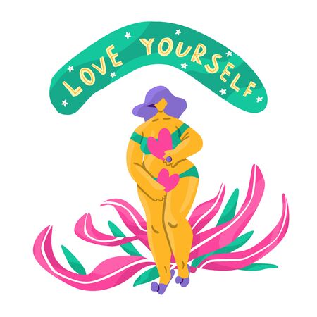 Love yourself. Love your body concept. Woman hugging herself with hearts and flowers on white background.のイラスト素材