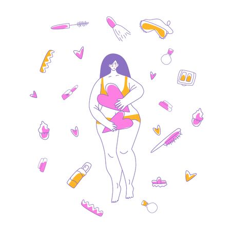 Girl plus-size with long hair holding hearts. Near her some cosmetic that help treat yourselfのイラスト素材