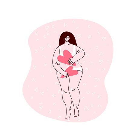 Vector concept card with cute young girl plus-size with heart in pastel palette that love herselfのイラスト素材