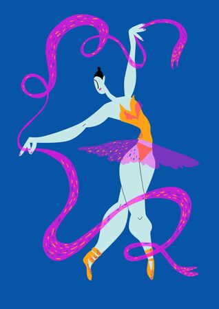 Rhythmic gymnasts with pink ribbon. Ballerina in yellow tutu standing on toes, cartoon style vector illustration isolated on blue background.のイラスト素材