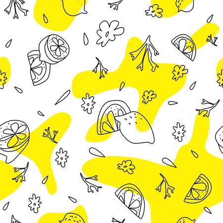 Lemon seamless pattern with flowers and yellow abstract spots on background. Vector hand drawn illustration.のイラスト素材