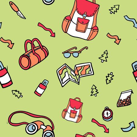Hand drawn camping seamless pattern. Vector background with hiking and landscape travel elements.のイラスト素材