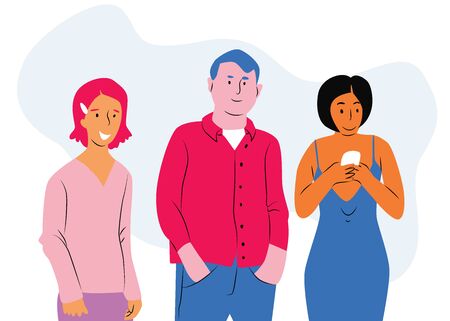 Group of multicultural students flat vector illustration. Young girls and boys holding laptop isolated characters on white background. Happy teenager in casual clothes. Youth lifestyle.のイラスト素材