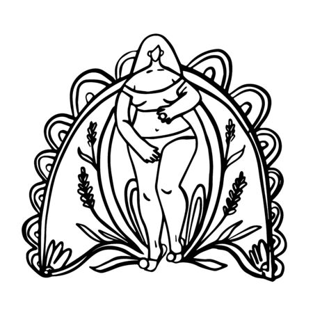 Happy body positive concept. Different is beautiful. Attractive overweight woman on white background with flowers. Doodle vector illustration.のイラスト素材