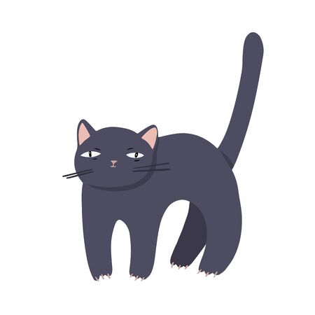 Frightened cartoon black cat with pink nose on white backgroundのイラスト素材