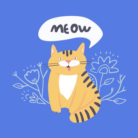 Red cat with flowers adorable meow sign. Cute kitten sitting with flower saying meow.のイラスト素材