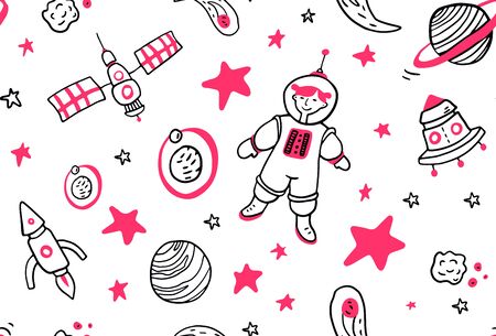 Space seamless pattern with cartoon spaceship and asteroids, planets, stars, astronaut . Futuristic background with constellations, spaceship, alien ship and stars. Galaxy wallpaper for kids.のイラスト素材