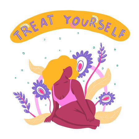 Love your body concept. Girl sitting in the flowers. Treat yourself lettering. Take time for your self and love your bodyのイラスト素材