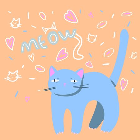 Positive card with cartoon grey cat. Calligraphy word Meow. Can be printed on T-shirts, bags, posters, invitations, cards, phone cases, pillows. Doodle elements with small cats and heartsのイラスト素材