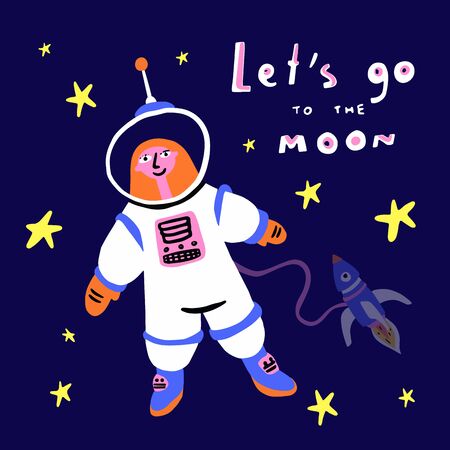 Astronaut flying in outer space with universe around on spaceship. Vector illustration in cartoon styleのイラスト素材