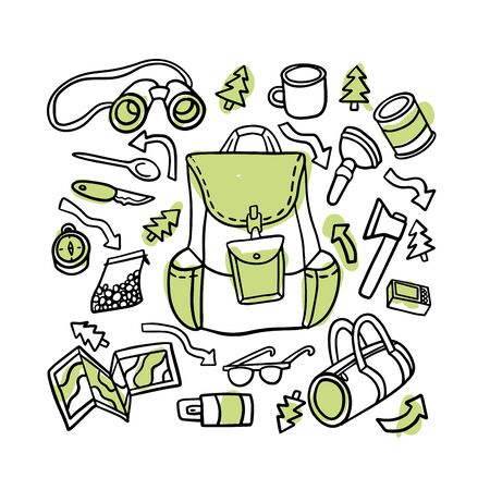 Travel bag and important things for adventure. Tourism vector illustration in a cartoon style.  Journey, trip plan.のイラスト素材