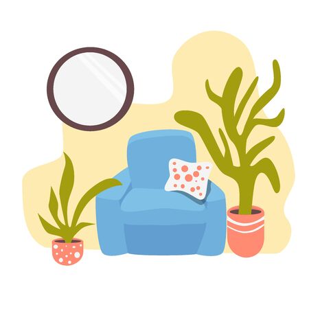 Blue armchair with pillow in the room with plants in pots and mirror at the wall. Isolated flat vector illustrationのイラスト素材
