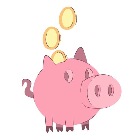 Piggy bank. Money box with falling gold coins. Illustration of savings dollar, piggybank and moneybox investingのイラスト素材