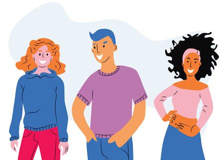 International friendship flat vector illustration. Young diverse people group standing together cartoon characters. Multiethnic unity and peace concept. のイラスト素材