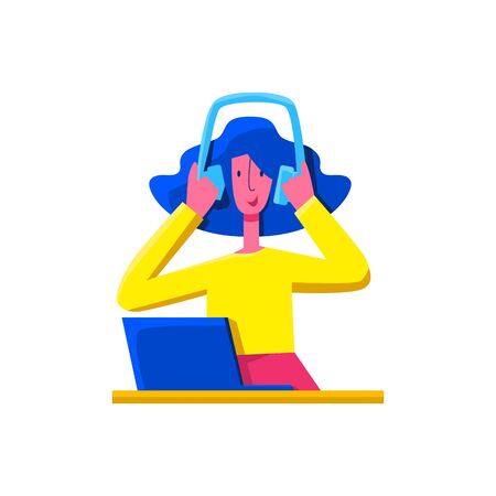Cool vector flat character. Girl enjoys the music with desktop computer. Listening music wearing headphones.のイラスト素材