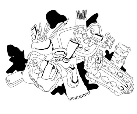 Doodle monochrome design of different stuff on the table. Things for creative person.のイラスト素材