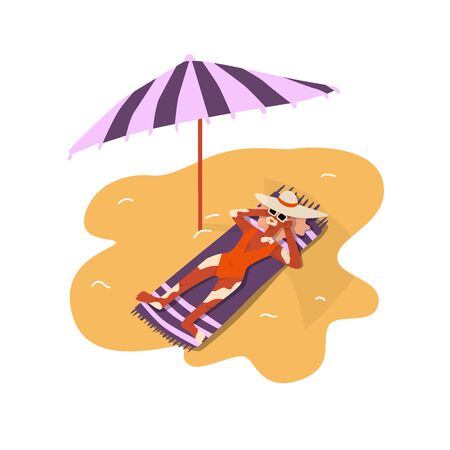 Woman with kin problem vitiligo lying on the bitch. Relax with comfort at the sun. Colorful flat illustration with umbrella and swimsuitのイラスト素材