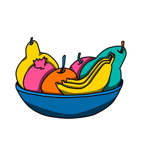 Fruits in the vase, coloured vector illustrations. Garnet, orange, pears and bananas.のイラスト素材