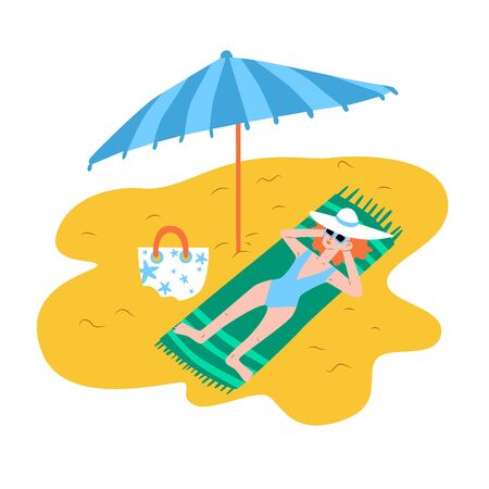 Beautiful young woman with sunglasses, hat at the beach. Vector illustration about summer holidaysのイラスト素材