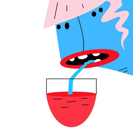 Illustration of a cartoon funny girl drinking from a cup using a strawのイラスト素材