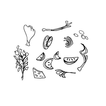 Set of food ingredient doodles in vector. Healthy food frame vector illustration. Vegetables and meat outline signs.のイラスト素材