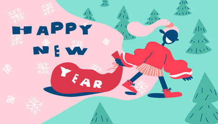 Girl with gifts sack. Happy New Year greeting card background poster. Illustrationのイラスト素材