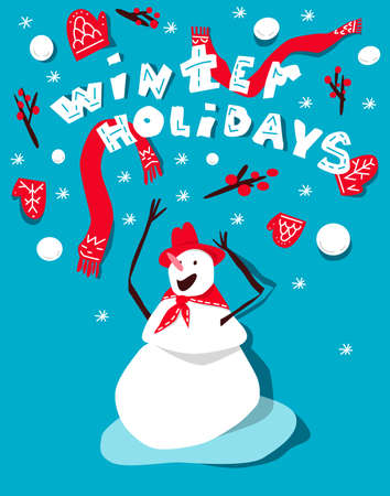 Creative typography for holiday greeting. Winter holidays lettering with snowman vector illustration.のイラスト素材