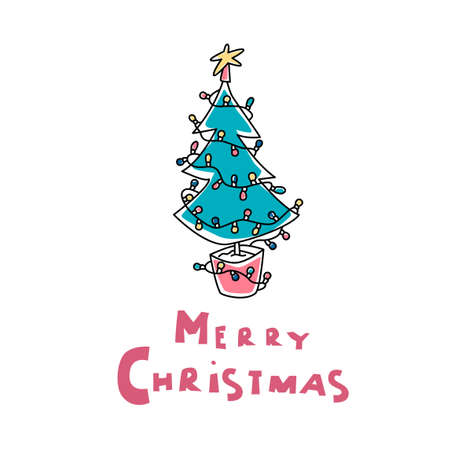 Decorated Christmas tree with star and lamps. Merry christmas cardのイラスト素材