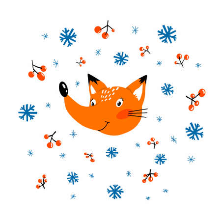 Print with cute red fox in the snow with rowan. Vector illustration with animal.のイラスト素材
