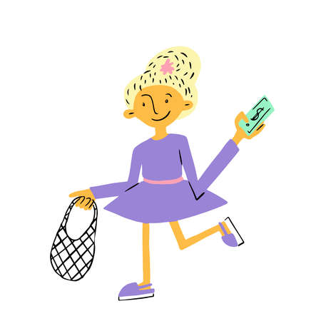 A funny woman is shopping. The girl with the packages. Vector illustration in cartoon styleのイラスト素材