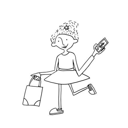 A funny woman is shopping. The girl with the packages. Vector illustration. Line artのイラスト素材