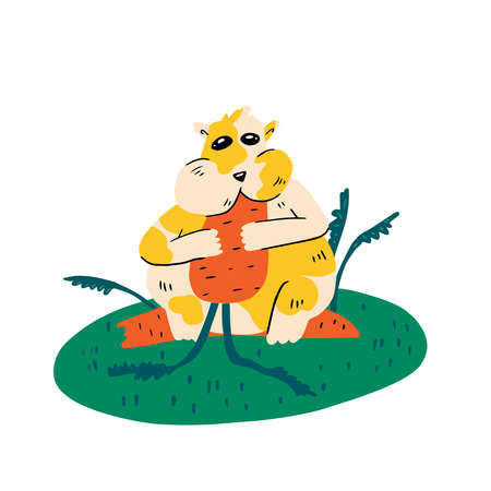 Funny hamster eating the carrot. Vector illustration in cartoon styleのイラスト素材