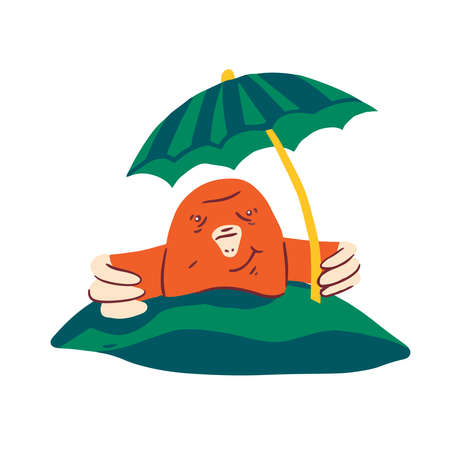 Mole digging out of the dirt with green umbrella. Vector illustration in cartoon style.のイラスト素材