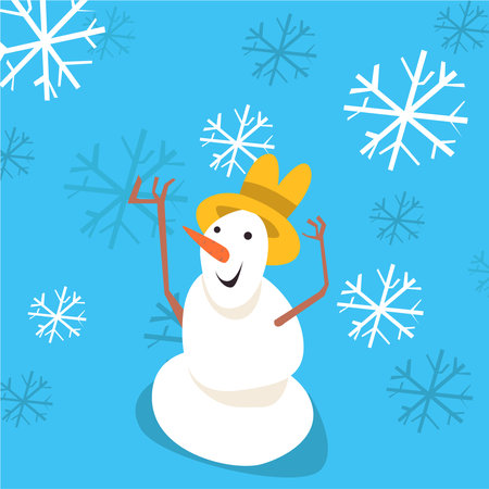 Happy snowman in yellow hat looking upstairsのイラスト素材