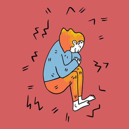 Frustrated woman with a nervous problem. She is lying on the floor.のイラスト素材