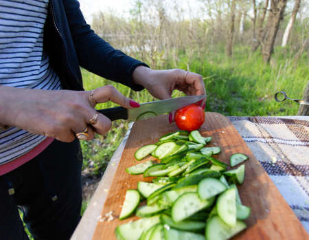 Summer salad, slicing cucumbers and tomatoesの写真素材