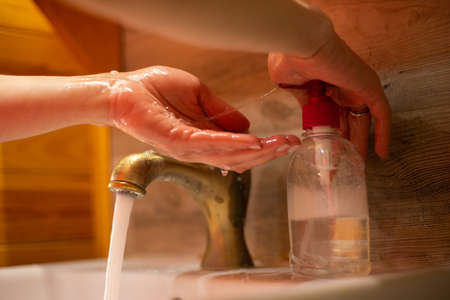 Hand wash with soap, cleanliness and hygieneの写真素材