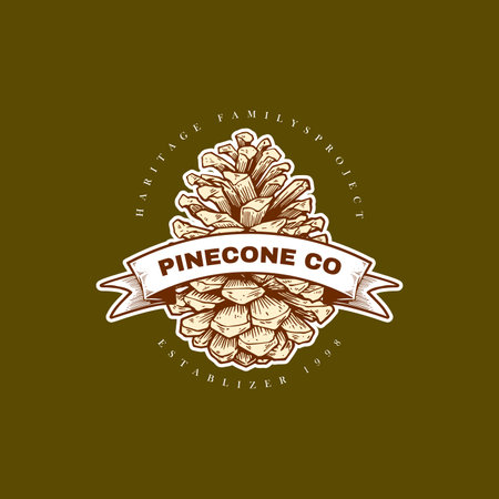 Pine cone vector illustration. Hand drawn pine cone logotype with ribbon and textのイラスト素材