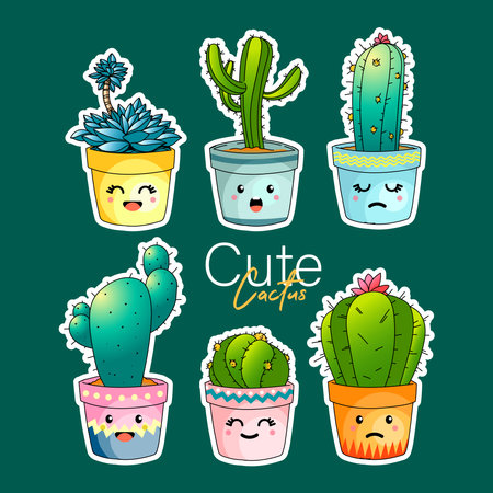 Cute cactus sticker setのイラスト素材