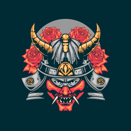 samurai head with rose flowerのイラスト素材