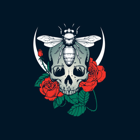 Skull with bee and rosesのイラスト素材