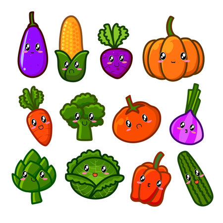Vegetables set. Cute cartoon charactersのイラスト素材