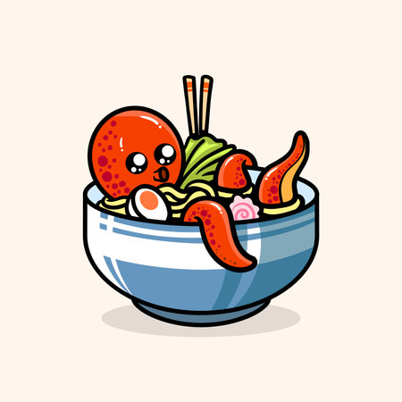 Illustration of a bowl of noodle with kawaii characterのイラスト素材