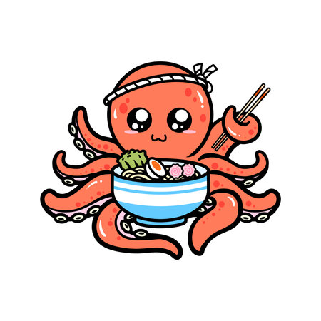 Cute kawaii octopus with ramen noodleのイラスト素材